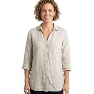 Olsen Womens 100% Linen Button Down Shirt Beige Roll Tab 3/4 Sleeve Size 6